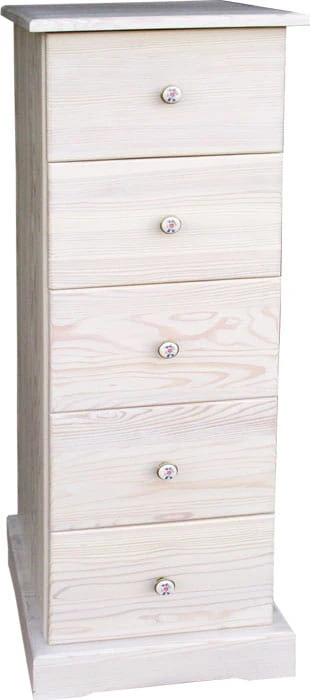 komoda drewniana KDM-5, drewno lite modrzewiowe,wykończenie patyna biała, wieniec dolny prosty, uchwyty pod zamówienie porcelana