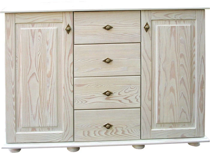 komoda drewniana KDM-9a, drewno modrzew, wykończenie patyna biała retro, stopka