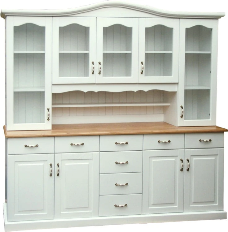 kredens drewniany KRM5, kolor biały kryty z blatem dąb lity,, fronty luk, wieniec gorny ozdobny, dolny prosty, uchwyty stare złoto z porcelaną