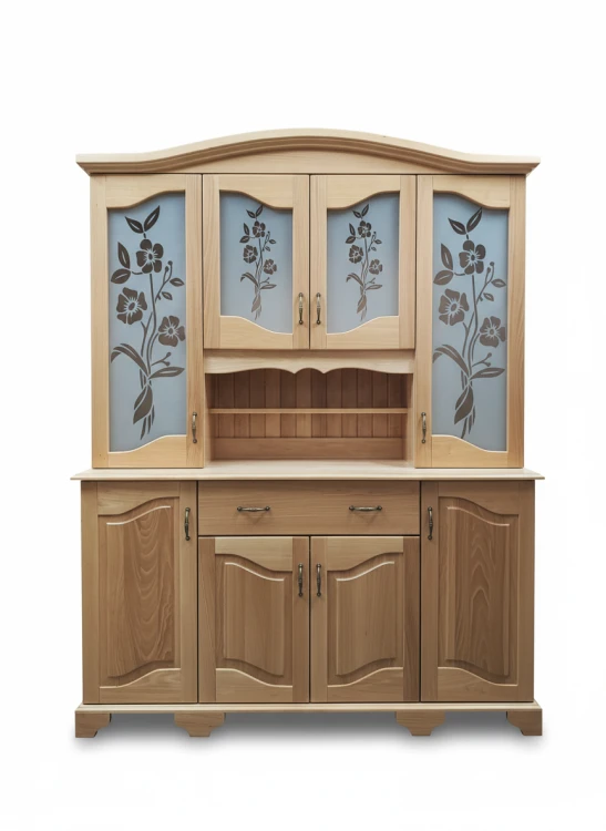kredens z drewna bukowego KRD-2, szyby piaskowane, lakier bezbarwny