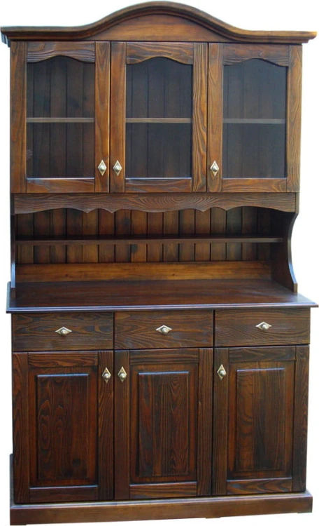 kredens drewniany KRM2, drewno lite modrzew, front luk nadstawka, front komoda prosty, wieniec gorny ozdobny, wieniec dolny prosty, wykonczenie patyna braz retro
